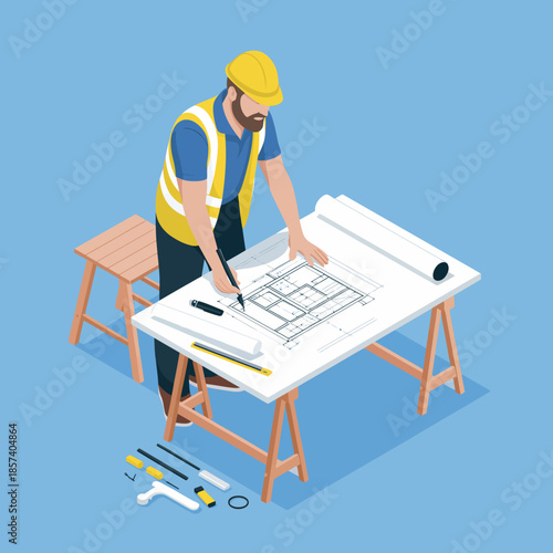 A dedicated construction worker meticulously drafting architectural plans on a blueprint, surrounded by tools, symbolizing hard work, planning, and the creativity of construction.