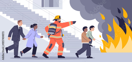 A courageous firefighter leads a group of people away from a raging fire, embodying bravery and heroism during an emergency situation, showcasing community strength.