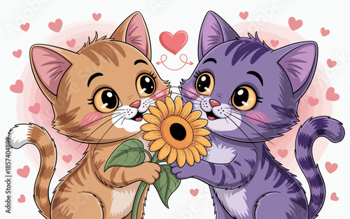 A charming illustration of two cute kittens exchanging a sunflower, symbolizing friendship and love, evoking warmth and joy in a colorful and playful artistic style.