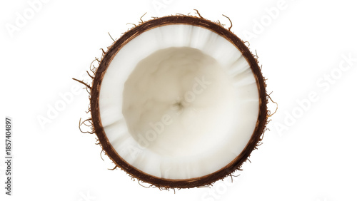Half coconut PNG isolated on transparent background, tropical fruit with brown shell and white flesh, healthy food ingredient
