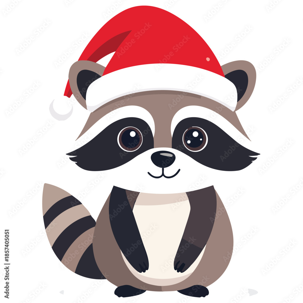 Obraz premium Cute cartoon raccoon icon wearing a red Santa Christmas hat, funny flat design vector illustration, perfect graphic element for winter holiday decorations, adorable animal character artwork