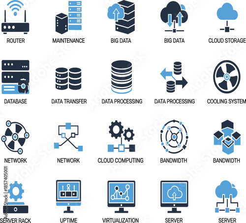 Professional server and database icon set featuring cloud storage big data networking and system maintenance for IT infrastructure and web hosting services.