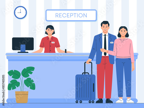 A couple checking in at a hotel reception desk, with smiles on their faces, ready for a comfortable stay, reflecting hospitality and travel excitement.