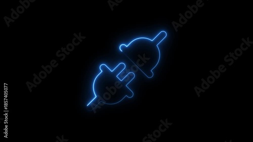 A video showcasing a neon-lit electric plug and socket connection in a dark background