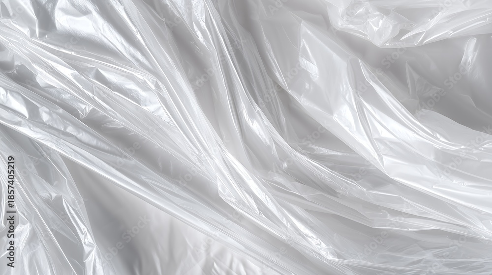 Fototapeta premium Wrinkled clear plastic wrap texture on white background