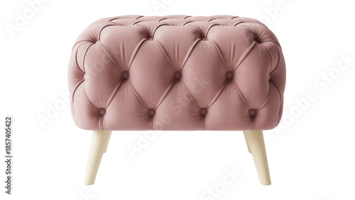 Elegant blush pink velvet tufted ottoman isolated PNG, stylish footstool with wooden legs for living room decor and furniture design