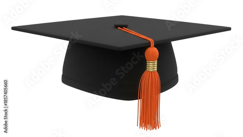 Photos Black graduation cap with orange tassel isolated PNG, academic mortarboard for u