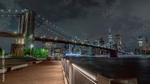 Brooklyn Bridge and Lower Manhattan skyline at dawn, New York City, New York, United States of America, USA