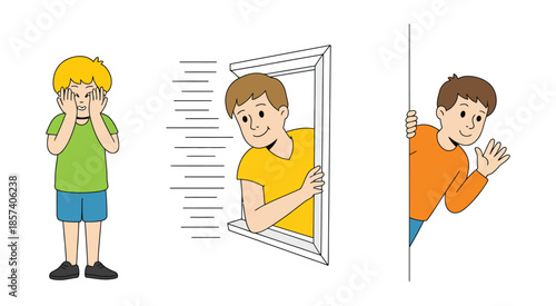 Man and Children Peeking Around Building Corner, Kids Looking Through Hands and Blinds, Smiling Surprised Characters Playing Hide and Seek, Flat Line Illustration