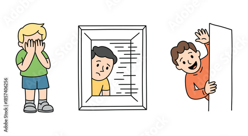 Man and Children Peeking Around Building Corner, Kids Looking Through Hands and Blinds, Smiling Surprised Characters Playing Hide and Seek, Flat Line Illustration