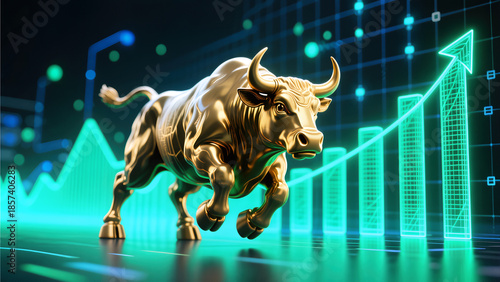 Majestic golden bull running alongside a glowing green upward chart representing fast paced stock market growth financial success and high return investment performance.