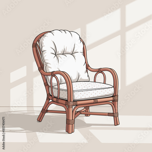 A stylish rattan chair with plush cushioning rests in a sunlit room, symbolizing comfort and relaxation in modern interior design aesthetics.