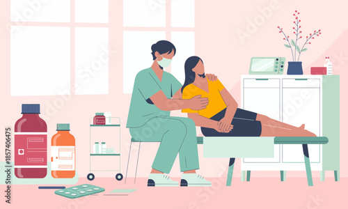 A comforting scene of a healthcare professional attending to a patient, focusing on care and empathy in a clinical setting with medications and medical supplies visible.