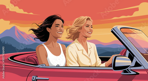 Two friends share a joyful drive in a convertible against a stunning sunset backdrop, symbolizing freedom, adventure, and companionship on an unforgettable road trip.