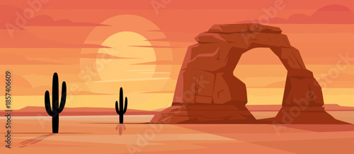 A tranquil desert landscape at sunset featuring a bold rock formation and cacti silhouetted against a warm, colorful sky, ideal for representing peace and nature.