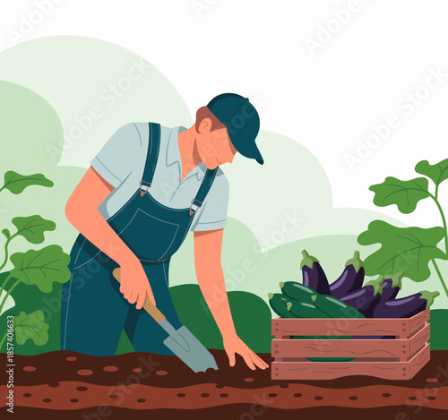 A farmer carefully planting vegetables in his garden, symbolizing hard work, dedication to nature, and the rewards of nurturing plants for a sustainable lifestyle and healthy food.