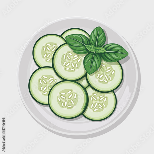 This appealing illustration features fresh cucumber slices beautifully arranged on a plate, garnished with vibrant green basil leaves, perfect for highlighting healthy culinary choices.