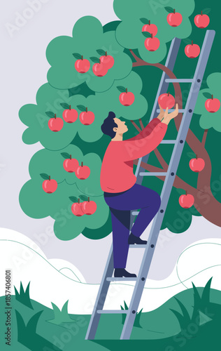 A man climbs a ladder to pick ripe apples from a lush tree, symbolizing hard work and the rewards of nature in a pastoral, vibrant, and serene setting.