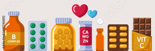 A colorful array of vitamins, supplements, and chocolates arranged artfully, representing health, wellness, and indulgence, ideal for promoting nutrition and self-care themes.