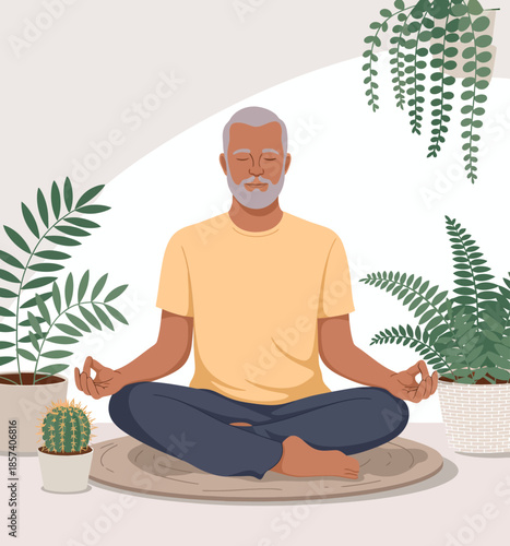 A serene depiction of an elderly man meditating amid lush plants, capturing tranquility and mindfulness, inviting viewers to embrace relaxation and inner peace in nature.