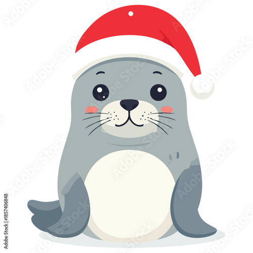 Charming and adorable seal pup character icon, featuring a cute marine mammal wearing a festive red Christmas Santa hat, clean minimalist flat design vector illustration, ideal graphic for winter