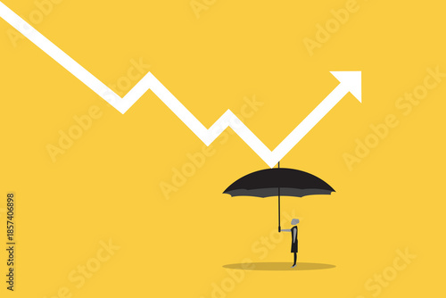 Economic recovery from crisis, business protection or stock market bounce back from recession concept, smart confidence business woman holding strong umbrella to recover white arrow economic graph