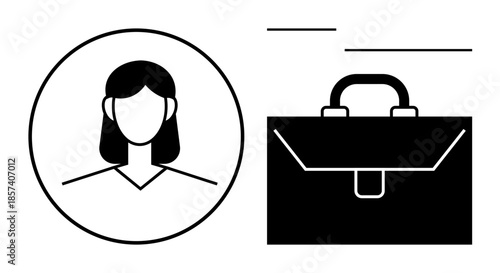 Business identity, job applications, workforce, recruitment, career development, professional services. Female avatar and briefcase graphic. Business identity and job applications concept