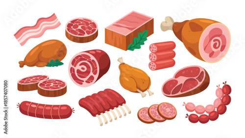 Fresh Meat Steaks and Delicatessen Cartoon Set, Sausages, Smoked Cervelat, Barbecue Steak, Salami, Bacon, Meatloaf, Fried Chicken, Pork and Beef Cuts