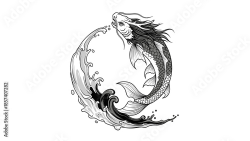 Black and White Mermaid Illustration with Waves.