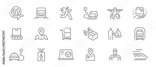 Delivery service set of icons in line style. Fast shipping, tracking order linear symbols collection. Logistics concept