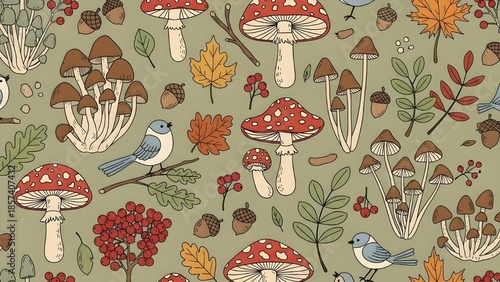 Seamless Whimsical Woodland Vector Pattern (Mushrooms Birds Acorns)