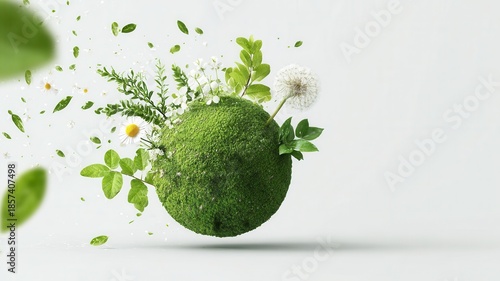 Green earth globe showing south america and north america, fresh leaves and daisies in concept floating air, ecology