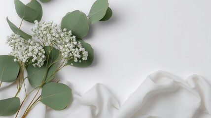 White baby's breath flowers and green eucalyptus leaves arranged with a soft sage ribbon, space elegant copy providing