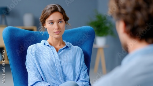 Mature woman sitting an armchair, engaging a conversation with an supportive and attentive expression