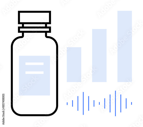 Medical data analysis. Medical trends with a medicine bottle, bar graph, and sound wave elements. Medical data informs health decisions and pharmaceutical research. For healthcare, pharmaceuticals