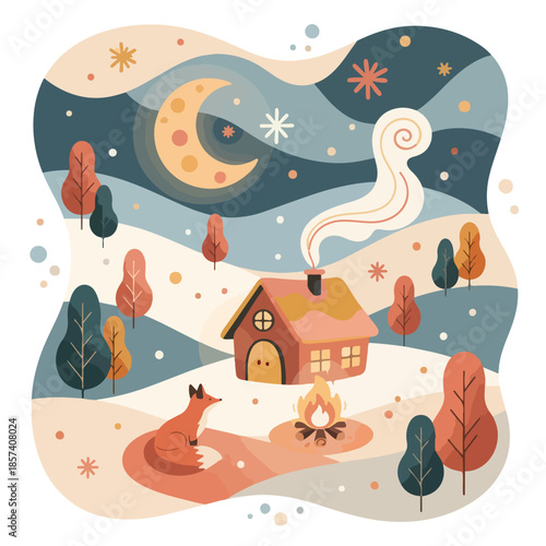 Cozy Winter Night Landscape with Small Cabin Fox and Campfire under Crescent Moon. Magical Snowy Forest Scene with Warm Cottage and Starry Sky. Aesthetic Winter Wonderland Vector Illustration.