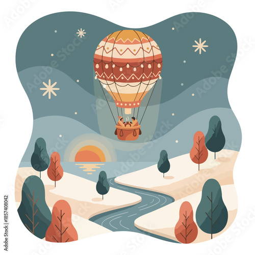 Romantic Hot Air Balloon Flying over Winter Landscape at Sunset with Snowy Hills and River. Magical Winter Night Scene with Stars and Trees. Aesthetic Seasonal Vector Illustration.