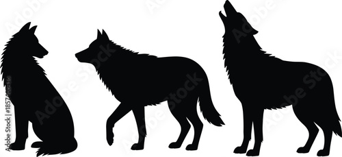 Three Detailed Black Silhouettes of Wolves Including One Sitting, One Walking, and One Howling Upwards, Isolated on a White Background.