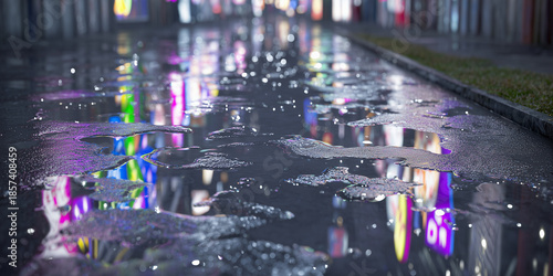 Urban street after rain with colorful reflections on wet pavement  