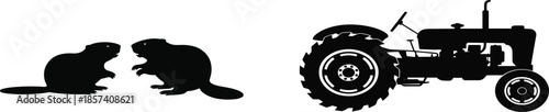 A Black Silhouette Collection Featuring Two Beavers Facing Each Other and a Classic Farm Tractor with Large Rear Tires, Isolated on White.