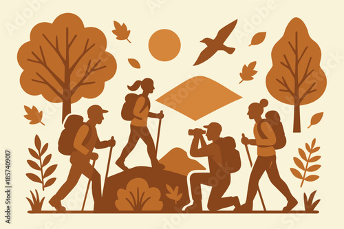 Group of Hikers Exploring Nature Illustration