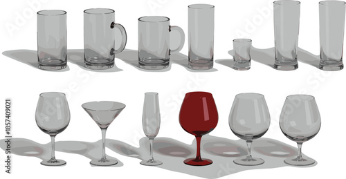 Glassware and drinkware collection set including wine glasses, beer mugs, cocktail and shot glasses for bar, restaurant, and hospitality design
