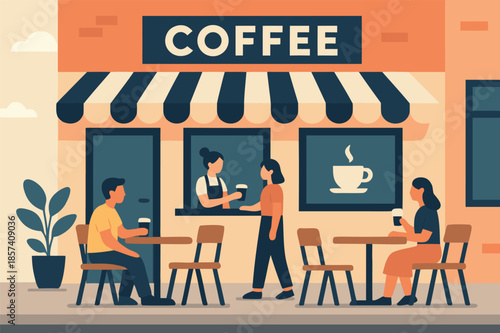 Coffee Shop with Barista and Customers Illustration