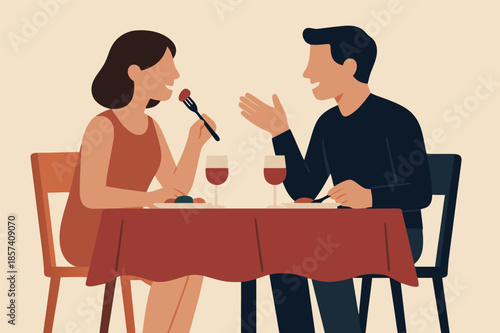 Couple on Dinner Date Sharing Food Illustration