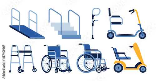 Orthopedic Accessibility Equipment and Mobility Aid Set, Wheelchairs, Walkers, Crutches, Stair Ramp and Electric Scooter, Disabled Access Illustration