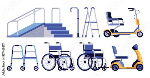Orthopedic Accessibility Equipment and Mobility Aid Set, Wheelchairs, Walkers, Crutches, Stair Ramp and Electric Scooter, Disabled Access Illustration