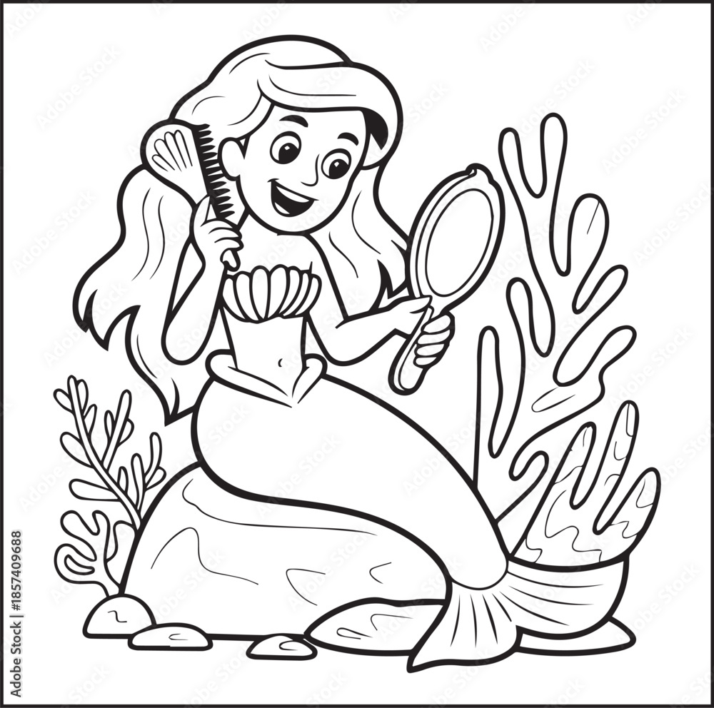 Obraz premium Cute mermaid sea princess in underwater scenery black vector line art illustration coloring page for kids 