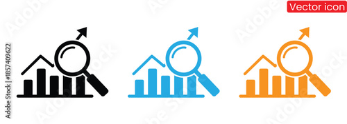 Three colorful vector icons depicting business growth analysis with magnifying glass on bar charts, conveying data research and strategy for commercial success