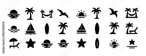 Beach icons set: sunset, palm, seagull, hammock, surfboard, sail