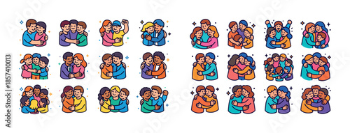 Diverse groups embracing in colorful outlined illustrations of f